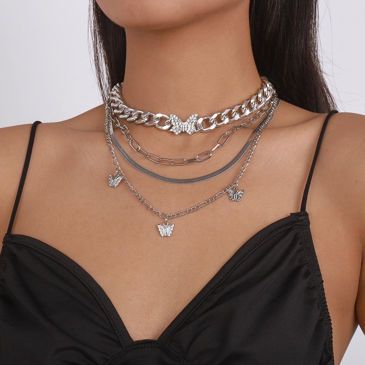 N1448 Punk hip-hop mix-and-match necklace exaggerated multi-layered necklace with butterfly micro-inlaid heavy industry necklace
