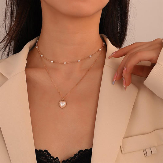 Retro stacked double-layer pearl necklace women's fashion personality love pendant clavicle chain temperament simple necklace