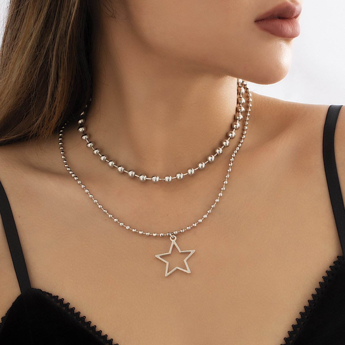 Jewelry Sweet and Cool Metal Bead Mix and Match Necklace Punk Star Hollow Pendant Double Necklace Female