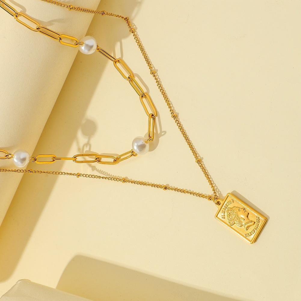 Stainless Steel Double Layer Necklace Temperament Simple Square Brand Pearl Clavicle Chain Personality Light Luxury Accessories