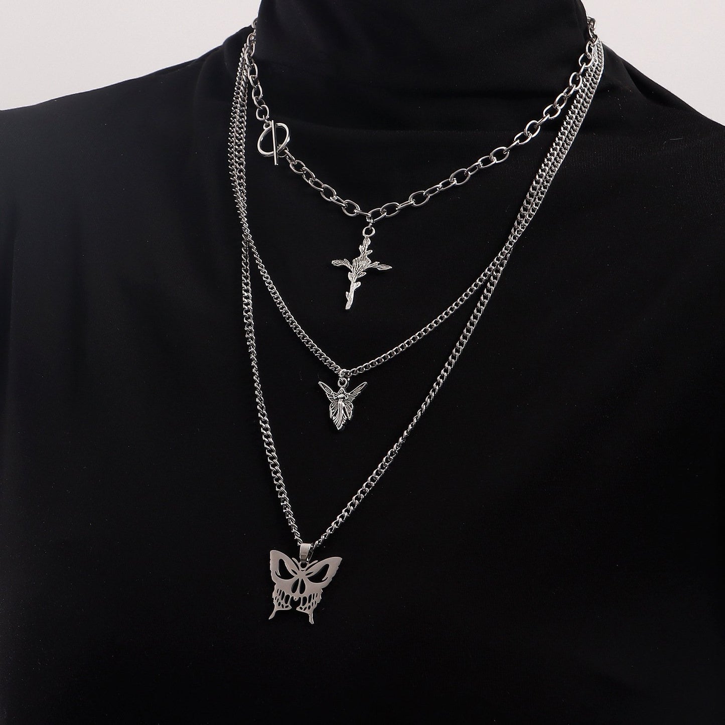 Jewelry Trend Multilayer Hollow Butterfly Rose Cross Sweater Necklace Female Necklace