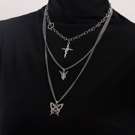 Jewelry Trend Multilayer Hollow Butterfly Rose Cross Sweater Necklace Female Necklace