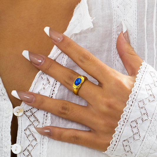 Metal micro-inlaid imitation gold index finger ring ring retro checkerboard color drop oil ring for women