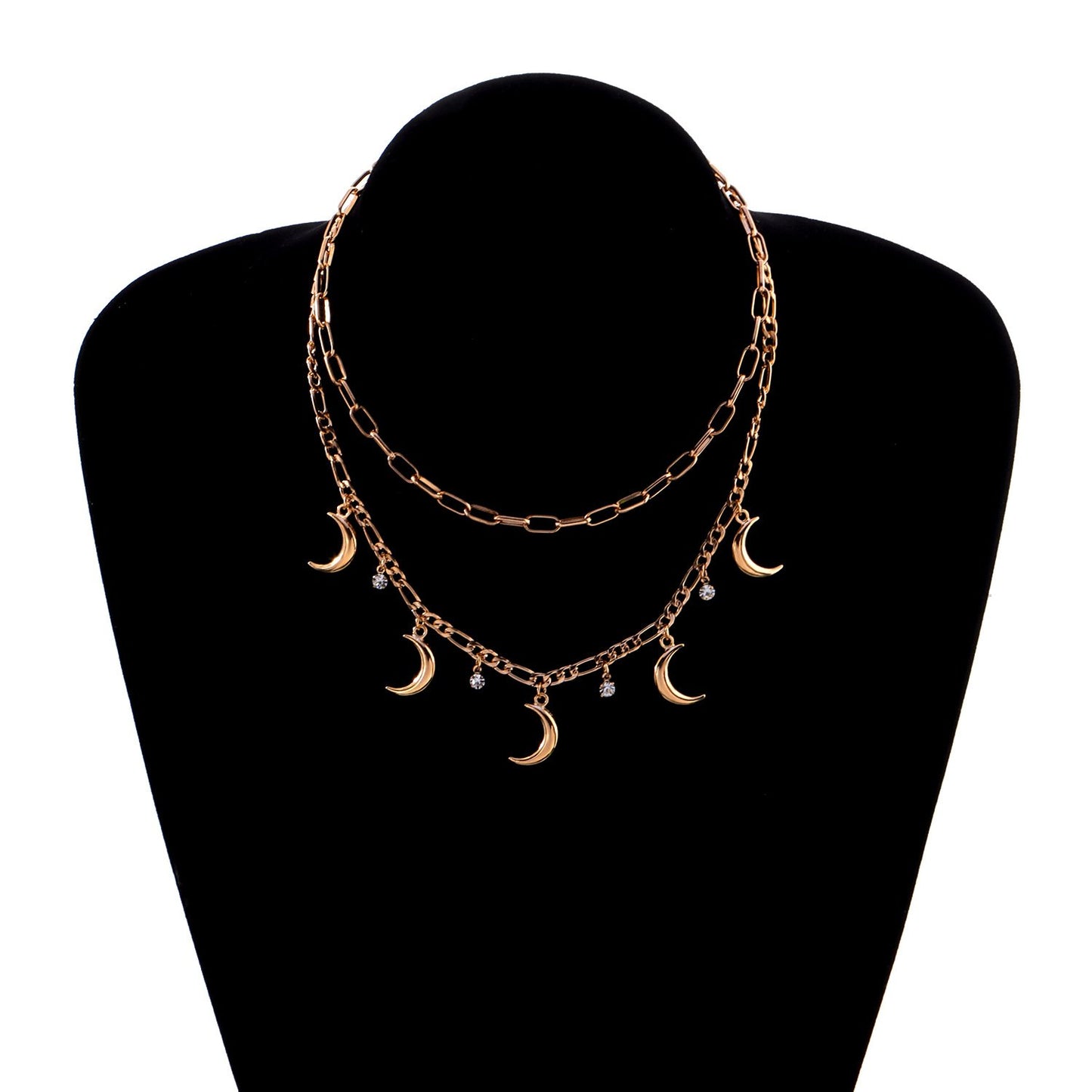 Jewelry Geometric Metal Crescent Rhinestone Pendant Necklace Women's Fashion Trendy Multi-layer Sweater Necklace
