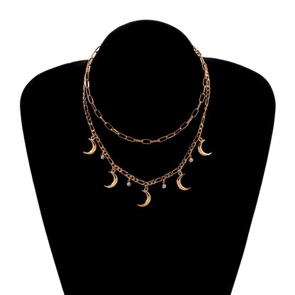 Jewelry Geometric Metal Crescent Rhinestone Pendant Necklace Women's Fashion Trendy Multi-layer Sweater Necklace