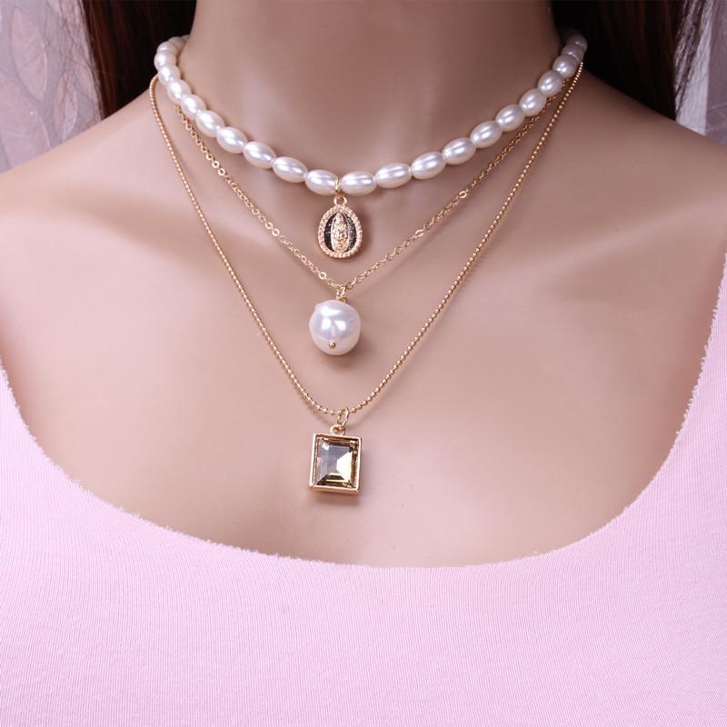Retro round coin gemstone multi-layer necklace baroque personality trend clavicle chain