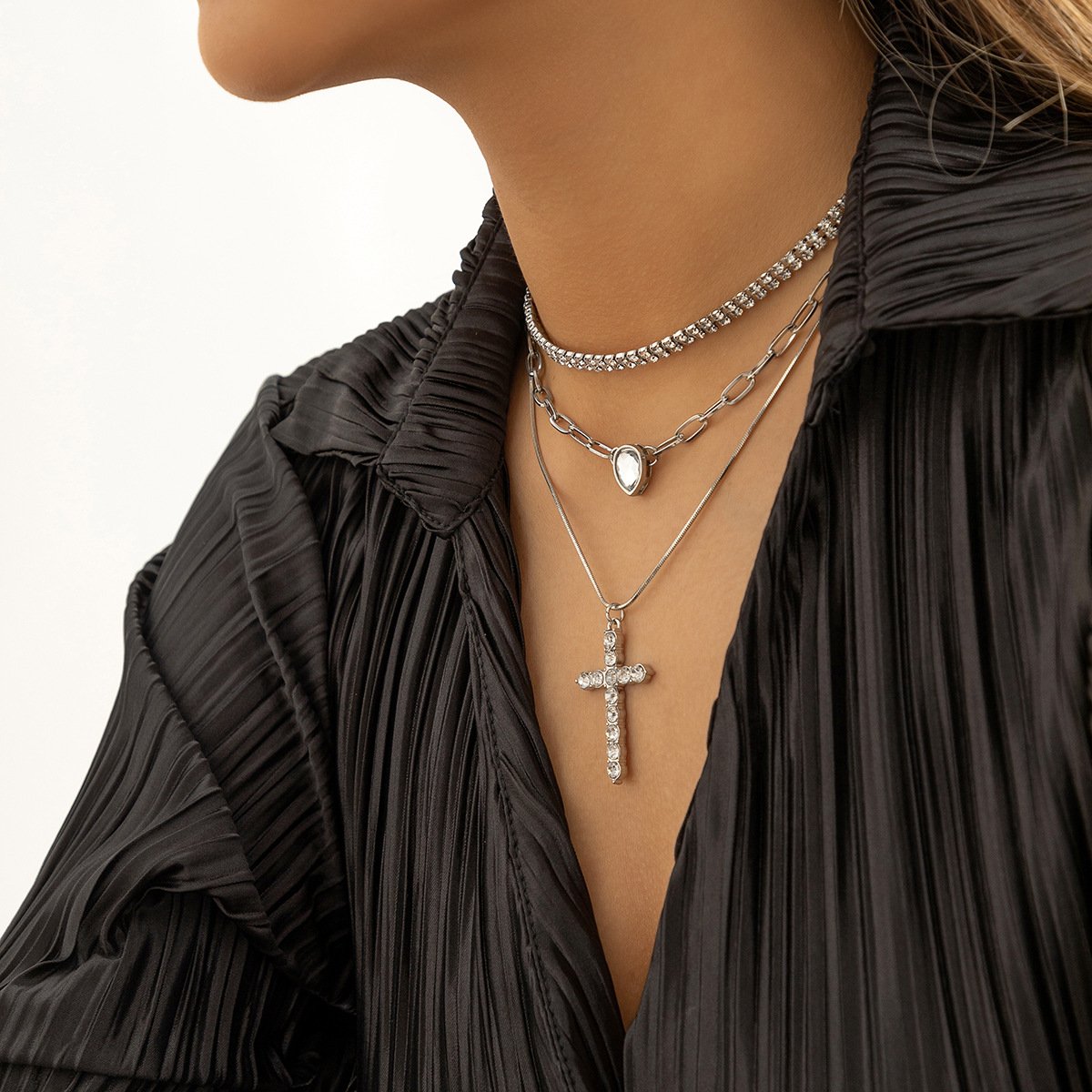 Jewelry Hip Hop Trendy Diamond Cross Necklace Set Fashion Metal Chain Clavicle Necklace