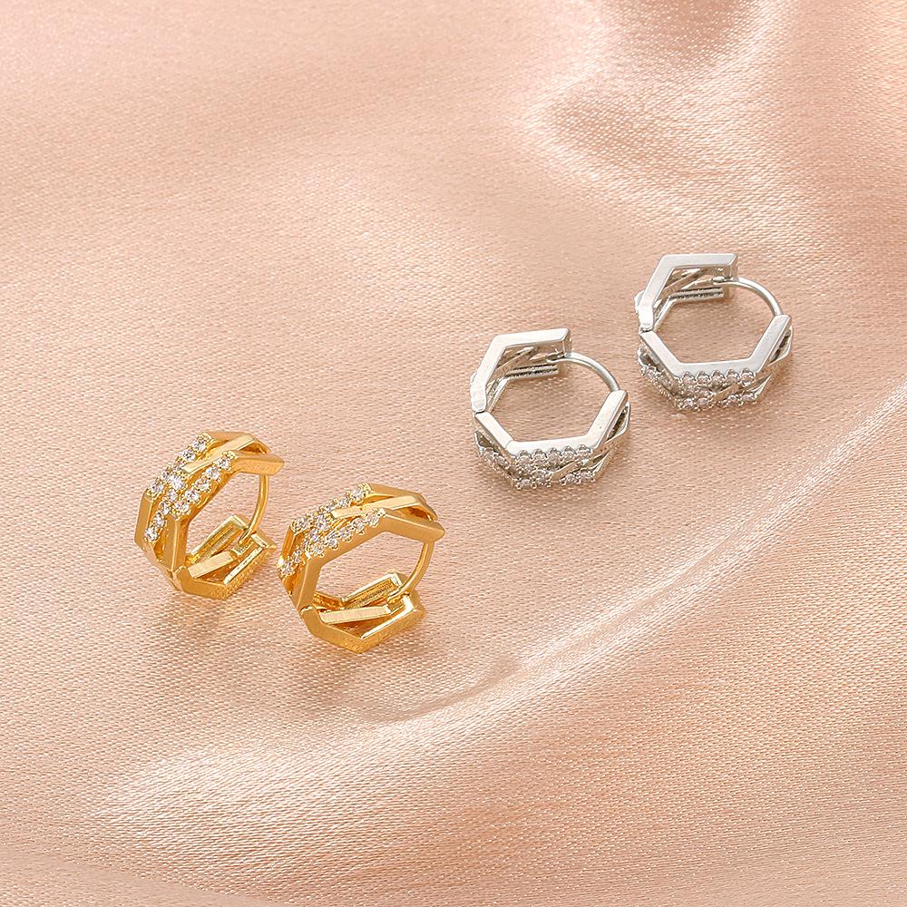 Metal polygonal earrings simple cold micro-inlaid zircon earrings net red high-end geometric earrings jewelry