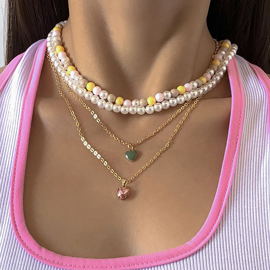 French retro color pearl set necklace female sweet cool painting oil heart-shaped diamond-studded gemstone stacked necklace