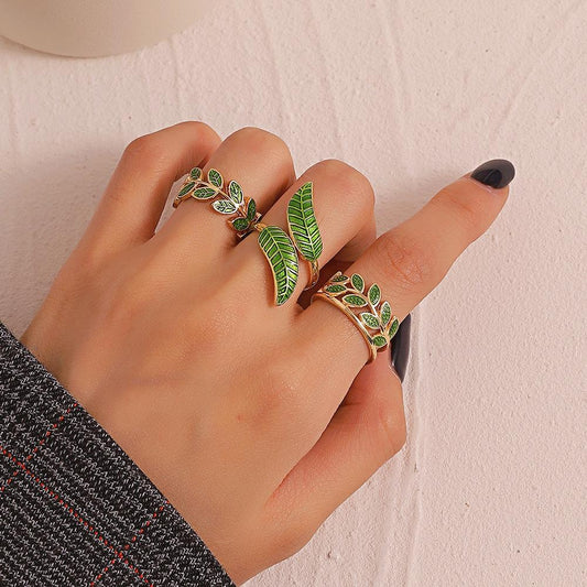 Ins simple leaf ring female Mori super fairy drop oil green leaf geometric opening index finger ring personality ring