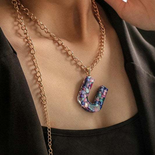 ins popular creative color letter pendant personality stone resin 26 English letters fashion necklace