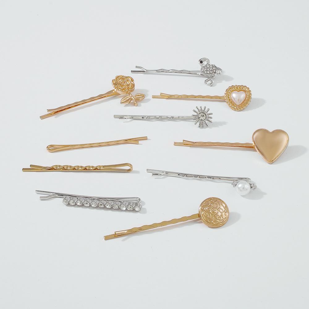 F395 Simple geometric hair clip rose love pearl bangs clip sweet side clip set