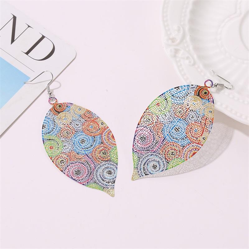 Creative color hollow leaf earrings bohemian ethnic exaggerated printing leaf earrings