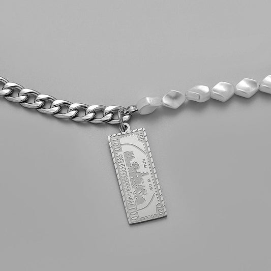 Light Luxury Hip Hop Stainless Steel Pendant Baroque Imitation Pearl Chain Dollar Square Pattern Pendant Titanium Steel Necklace
