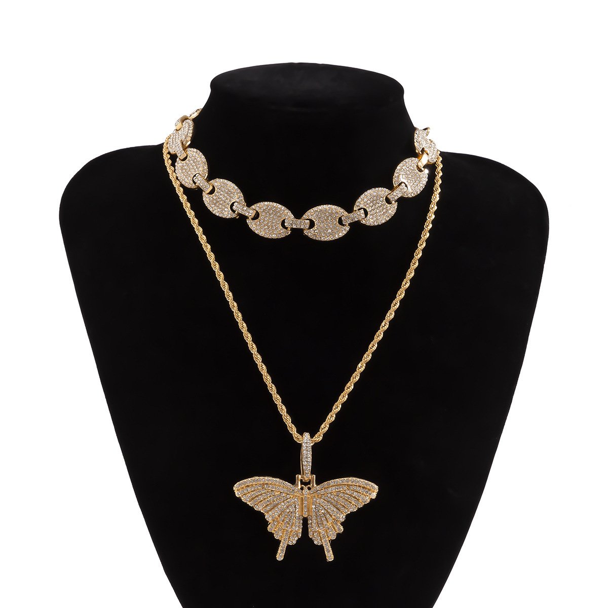 Jewelry Retro Twist Set Necklace Female Hip Hop Full Diamond Cuban Buckle Diamond Butterfly Necklace