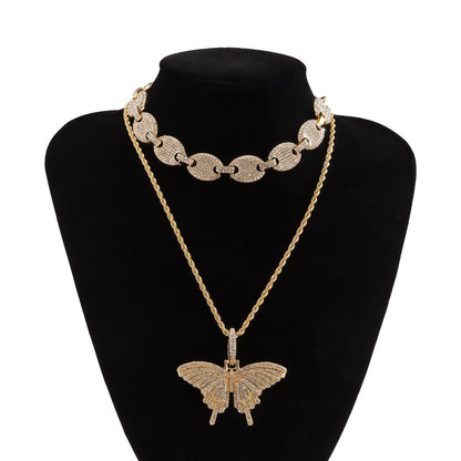 Jewelry Retro Twist Set Necklace Female Hip Hop Full Diamond Cuban Buckle Diamond Butterfly Necklace