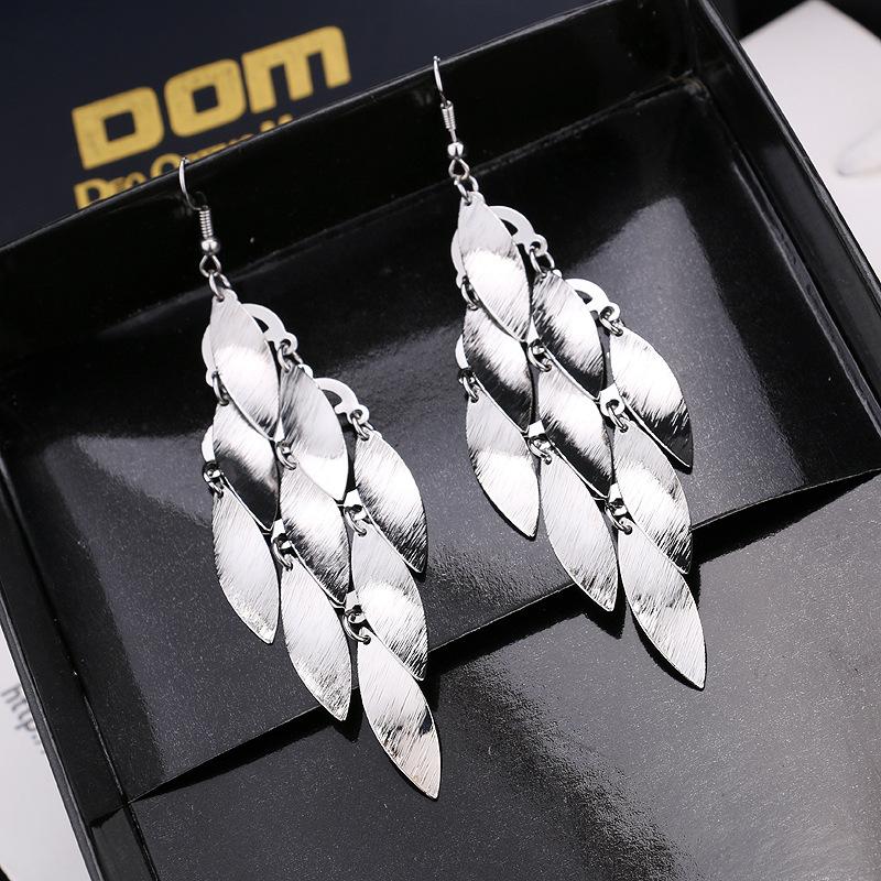 Atmospheric ethnic long string leaf-shaped brushed metal earrings