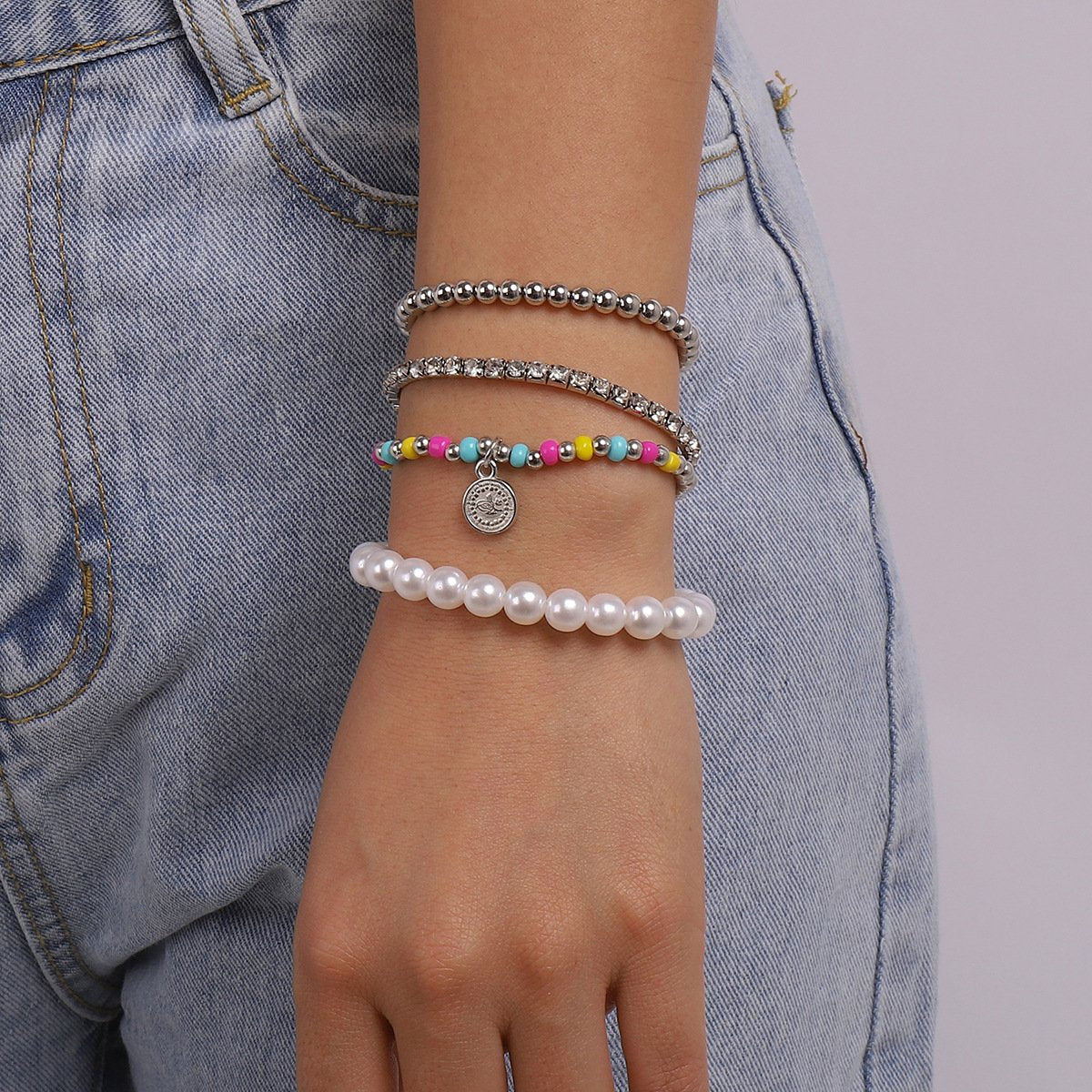 B1723 Bohemia Beaded Bracelet Imitation Pearl Claw Chain Fashion Bracelet Set Small Disc Geometric Jewelry