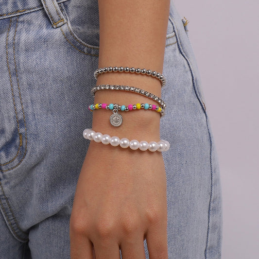 B1723 Bohemia Beaded Bracelet Imitation Pearl Claw Chain Fashion Bracelet Set Small Disc Geometric Jewelry