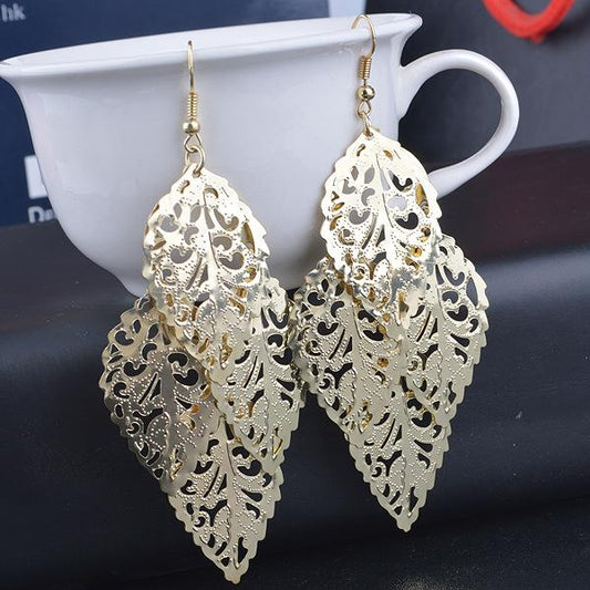 Multi-level Hollow Leaf Earrings Alloy Metal Sheet Temperament Women's Earrings