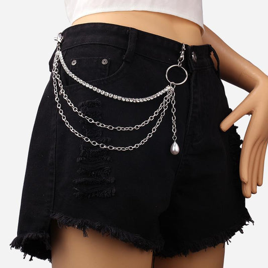 ins multi-layer pants chain accessories metal hip-hop jumping jeans inlaid diamond claw chain hanging chain pearl pendant accessories