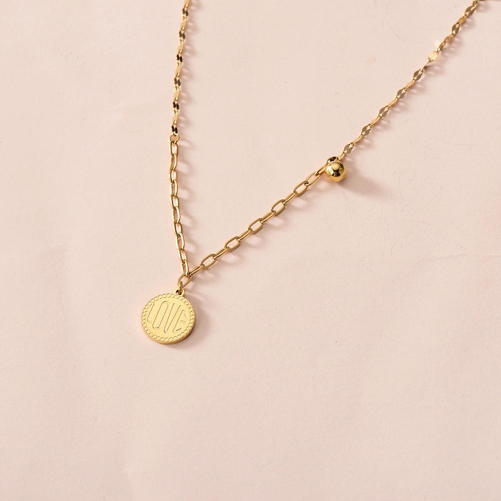 Fashionable stainless steel gold-plated pendant simple round plate LOVE letter pendant all-match small ball necklace