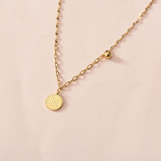 Fashionable stainless steel gold-plated pendant simple round plate LOVE letter pendant all-match small ball necklace