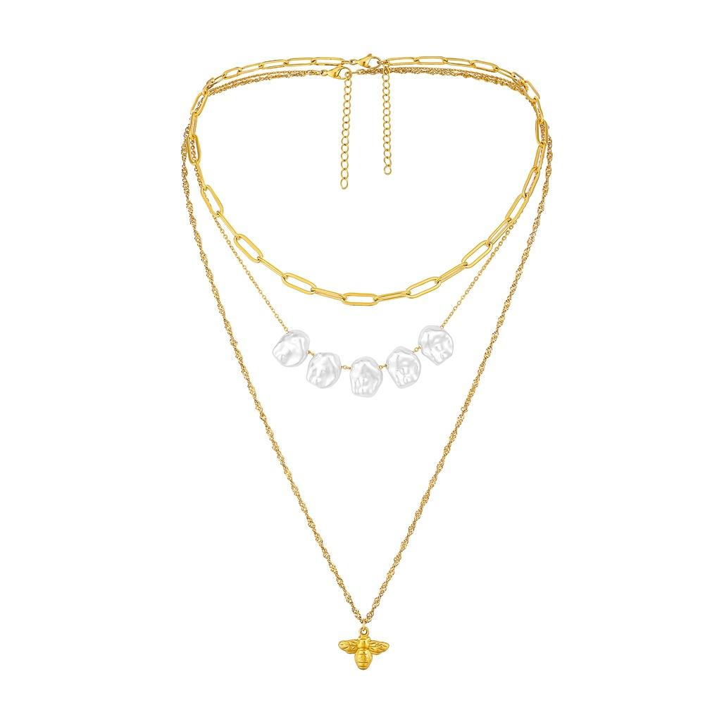 Titanium steel color-preserving bee necklace multi-layer irregular pearl pendant adjustable small animal jewelry