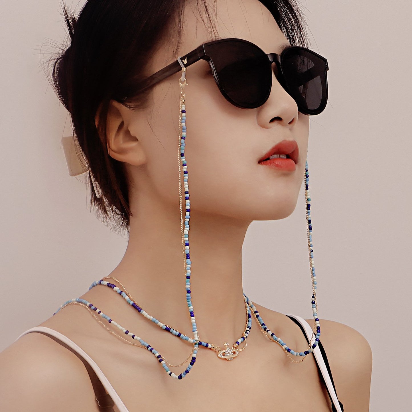 Jewelry ocean blue rice bead cosmic planet double-layer winding glasses chain female mask chain