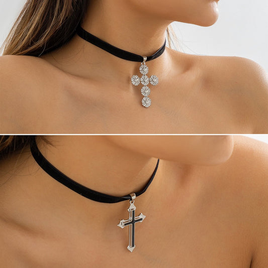 Jewelry simple flower plate diamond cross pendant necklace female retro cold choker necklace