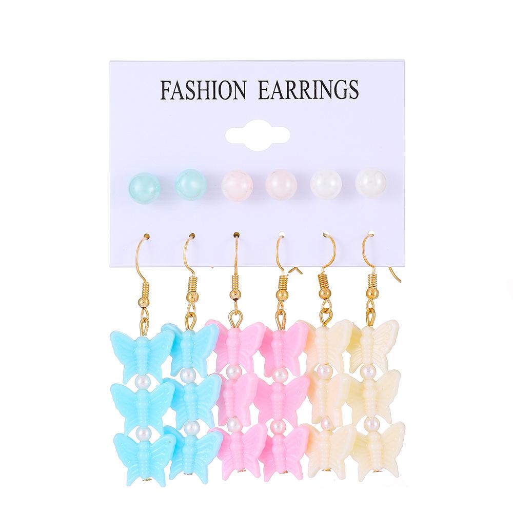Ins color butterfly heart earring set fashion pearl flower mushroom earring six-piece set trendy