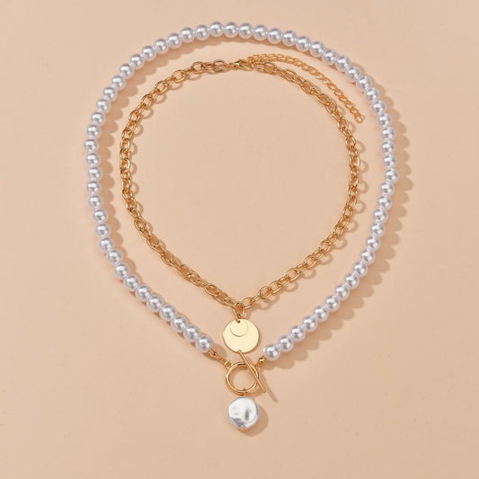 Simple Imitation Pearl Multilayer Necklace Retro Fashion Round Iron Pendant Necklace Accessories