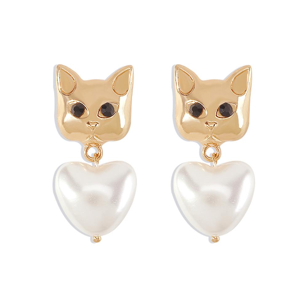 E1226 Cute Small Animal Earrings Women's Imitation Pearl Heart-Shaped Cat Small Earrings Niche Cold Earrings