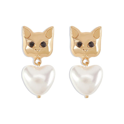 E1226 Cute Small Animal Earrings Women's Imitation Pearl Heart-Shaped Cat Small Earrings Niche Cold Earrings
