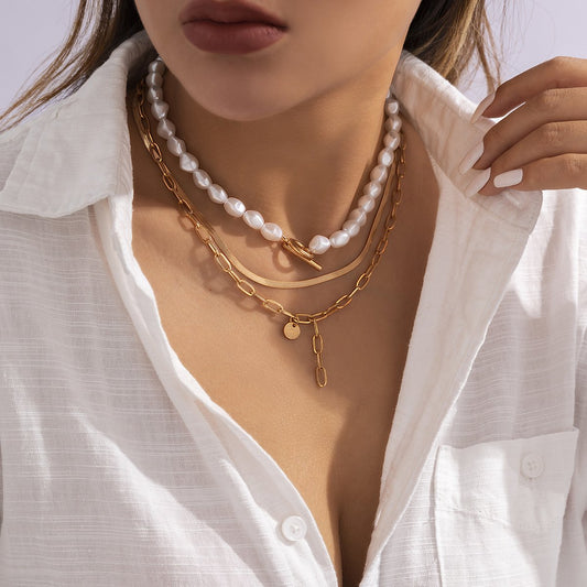 Jewelry Simple Snake Bone Cross Chain Necklace Irregular Imitation Pearl Snake Bone Chain Multilayer Necklace Female