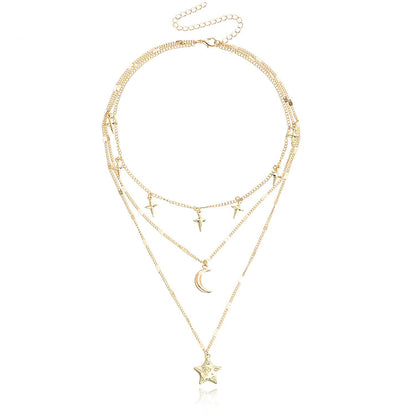 Jewelry retro fashion multi-layer five-pointed star pendant necklace exquisite crescent sweater chain versatile accessories