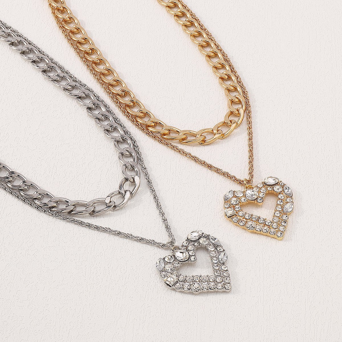 N126 Hip Hop Necklace Light Luxury Stacked Heart Rhinestone Necklace Retro Personality Cuban Chain Necklace