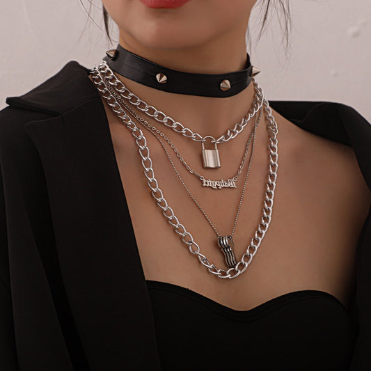 Jewelry PU leather punk rivet multi-layer necklace ladies English letter lock pendant necklace