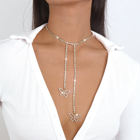 N1737 Claw Chain Rhinestone Tassel Butterfly Long Necklace Sweet Cool Elegant Fashion Niche Geometric Necklace