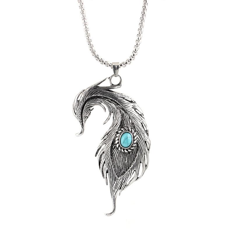 Feather Turquoise Pendant Hiphop Necklace Men