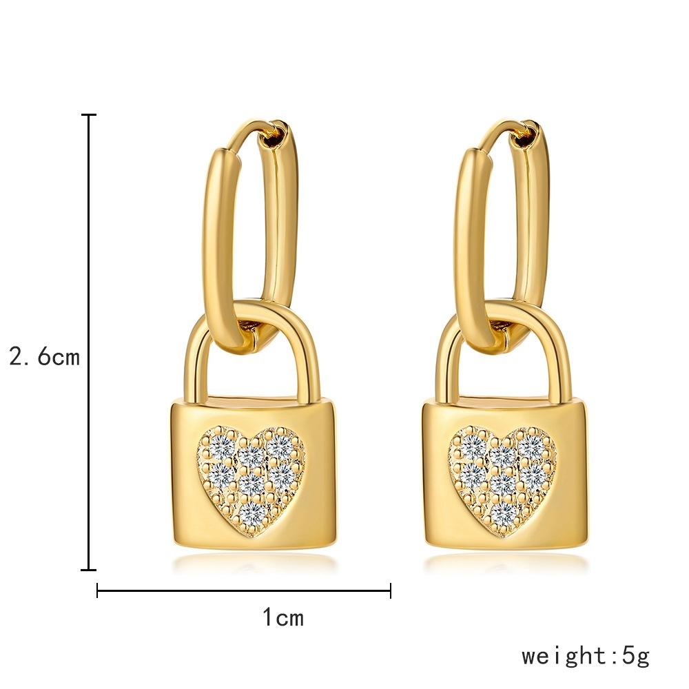 Personality Love Earrings Fashion Exaggerated Copper Micro-inlaid Zircon Peach Heart Lock Earrings Jewelry Women