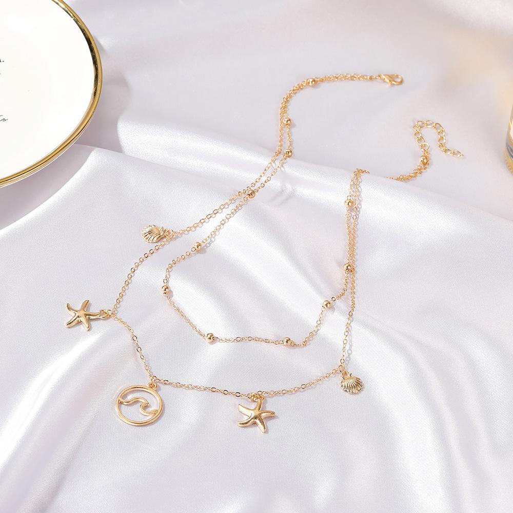 Double-layer starfish necklace ins fashion wave shell pendant clavicle chain personality long sweater chain