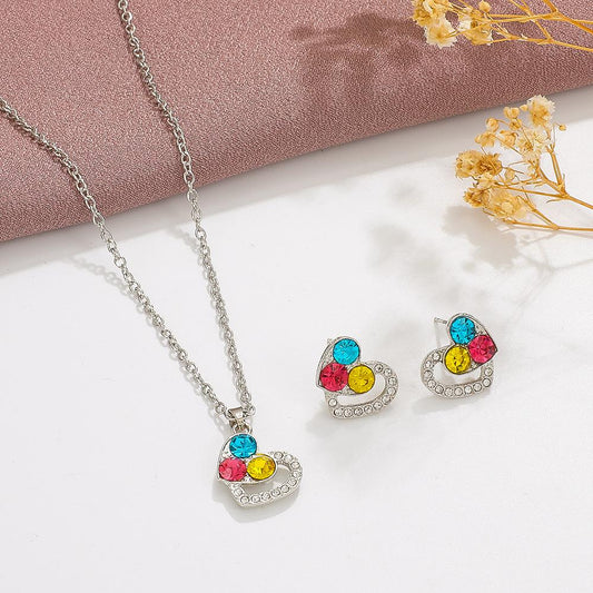 Ins color diamond love jewelry set female fashion temperament niche design hollow heart-shaped necklace earrings tide