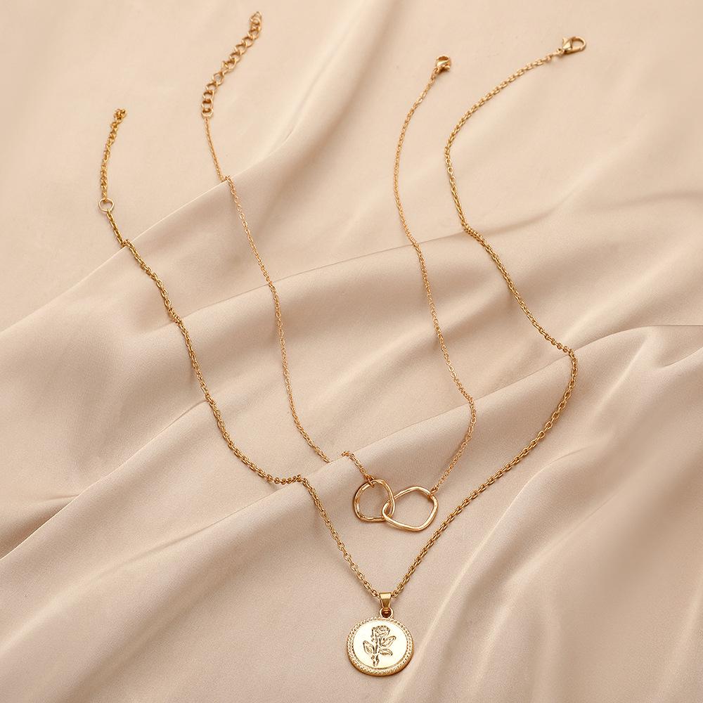 Trendy fashion simple ladies design double rose coin irregular circle necklace