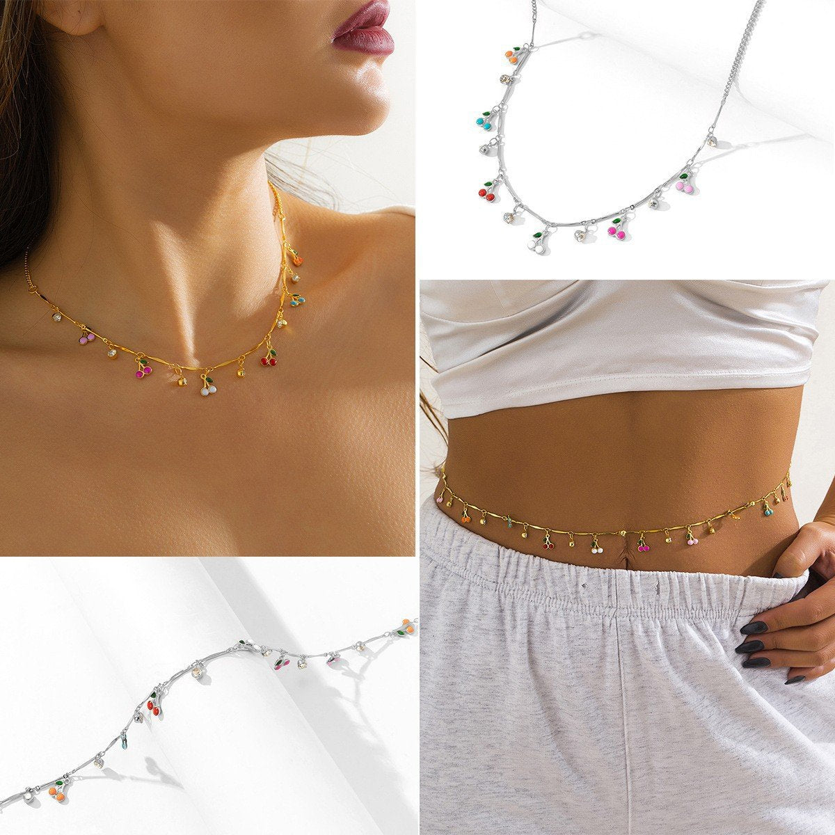 Jewelry multi-color dripping oil small cherry tassel waist chain simple imitation crystal pendant body chain