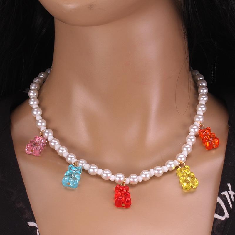 Simple soft clay accessories imitation pearl necklace resin bear accessories imitation pearl trendy necklace