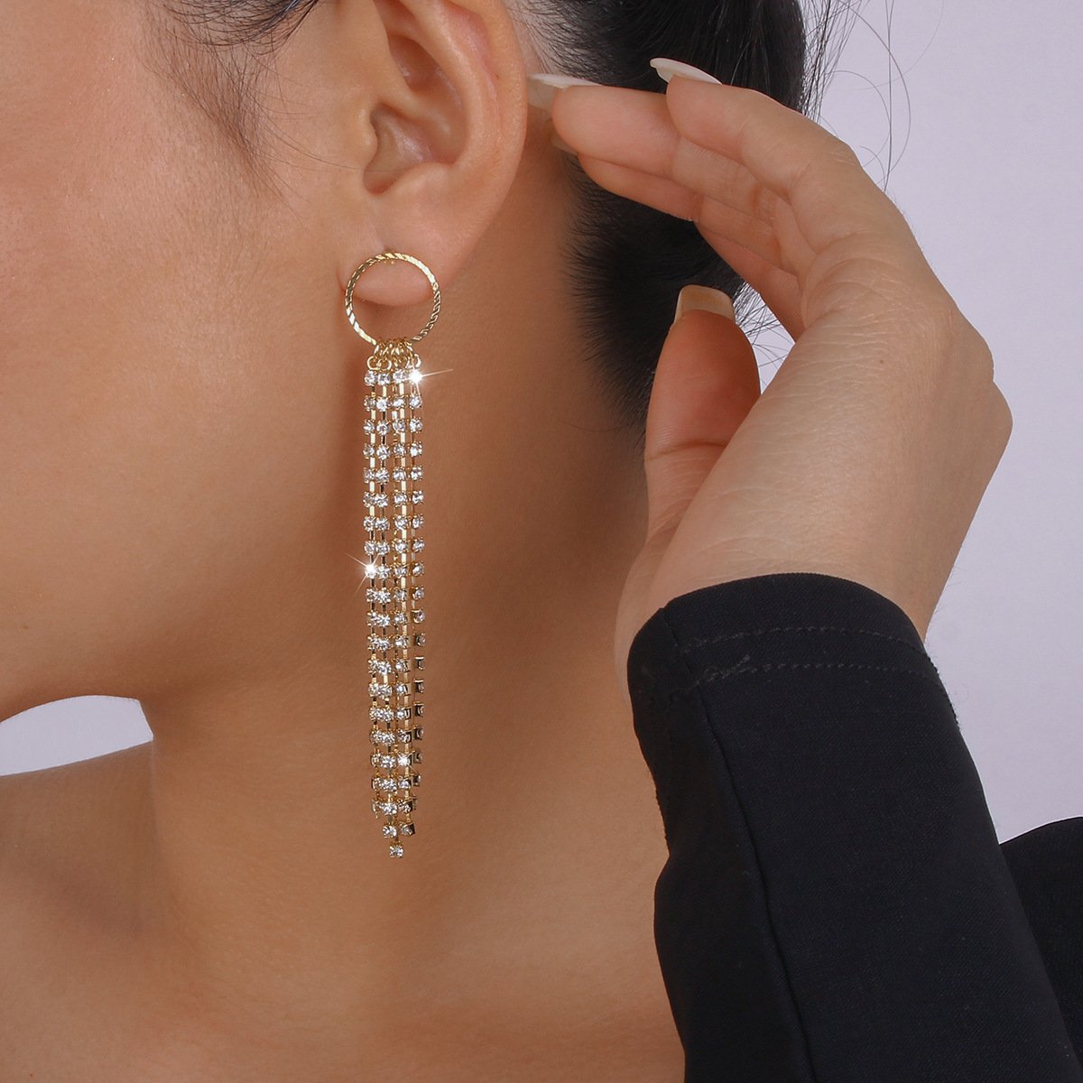 E1437 Temperament Tassel Earrings Circle Rhinestone Claw Chain Personality Earrings Street Photography Banquet Show Earrings