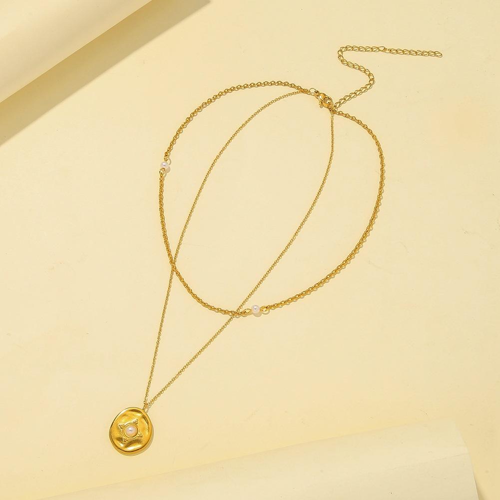 Double layer stainless steel retro coin pearl pendant necklace titanium steel sexy temperament elegant clavicle chain female