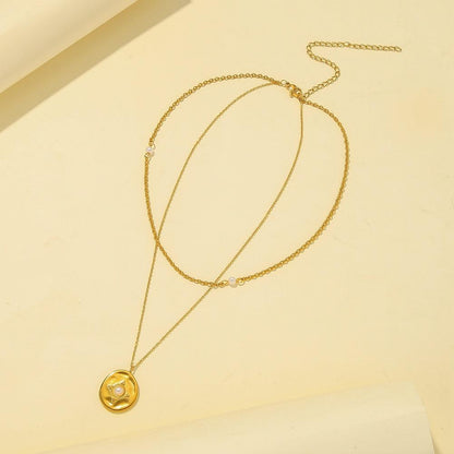 Double layer stainless steel retro coin pearl pendant necklace titanium steel sexy temperament elegant clavicle chain female