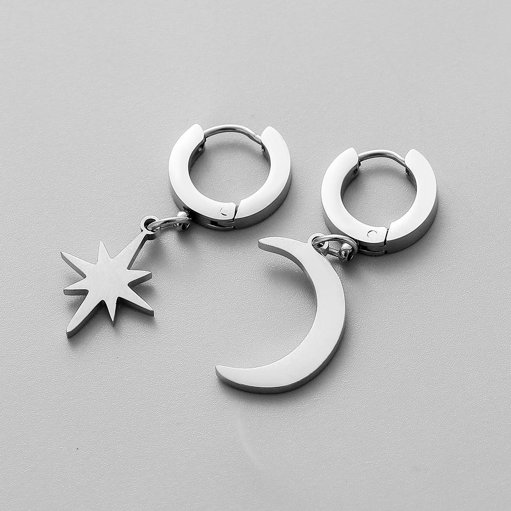 Trendy Personality Men's Simple Fashion Stainless Steel Personality Star Moon Asymmetrical Earrings Jewelry